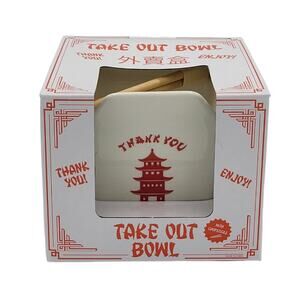 Mad Engine Chinese Take Out Bowl & Chopsticks White Ceramic Ramen Noodle Pho